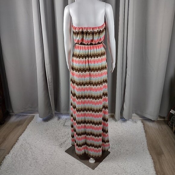 Rue 21 Women's Coral & Brown Geo Stripe Strapless Maxi Dress Size L - Picture 3 of 11